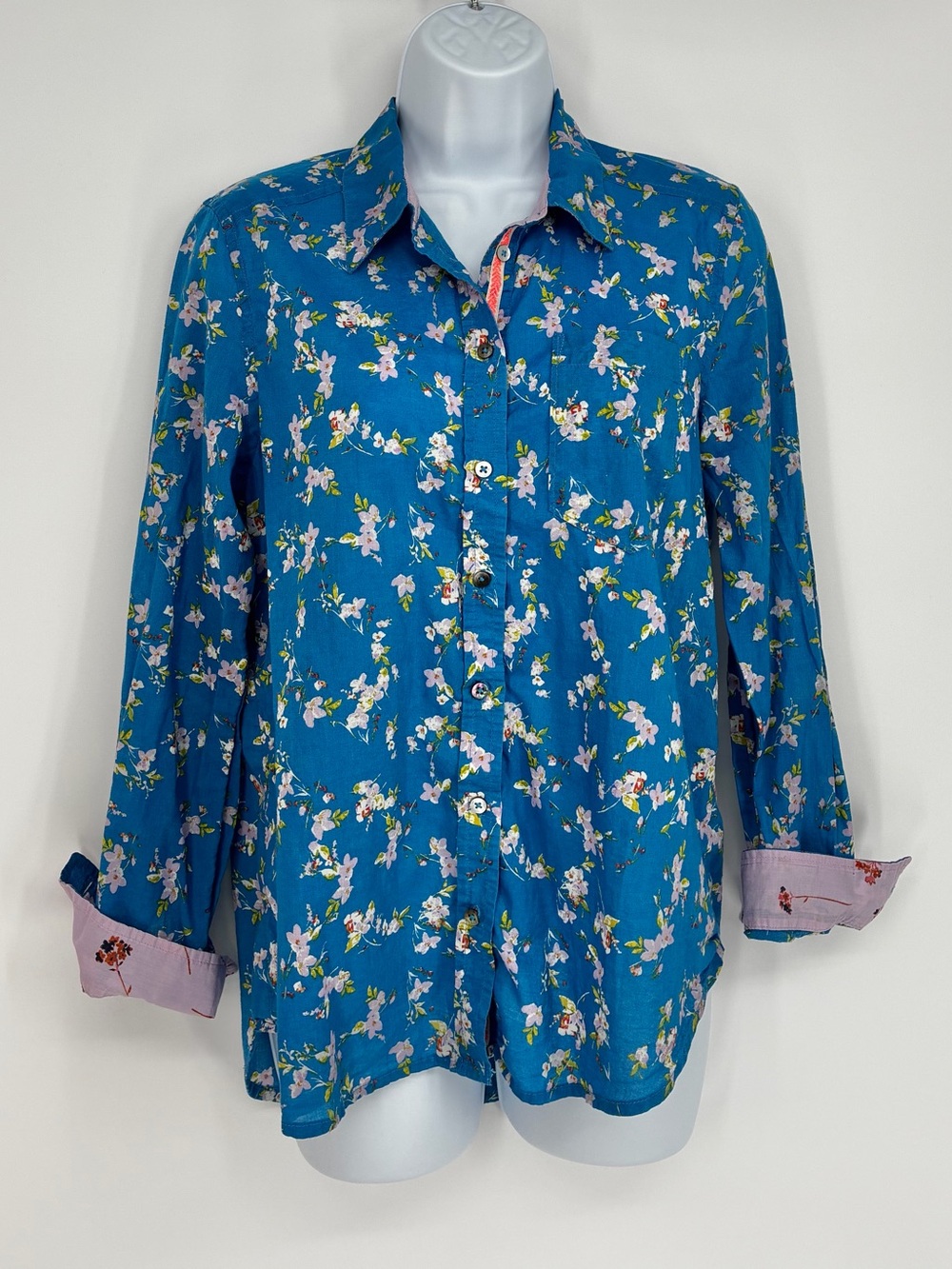 Sundance Blue Floral Button Down Shirt Blouse Long Sleeve Size S